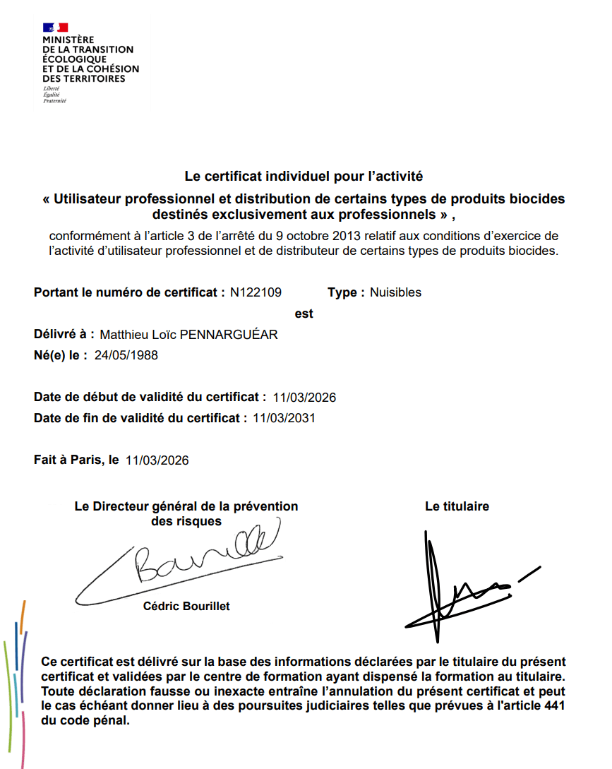Certificat d'applicateur biocide de Matthieu Pennarguéar - Débarrasse Toi